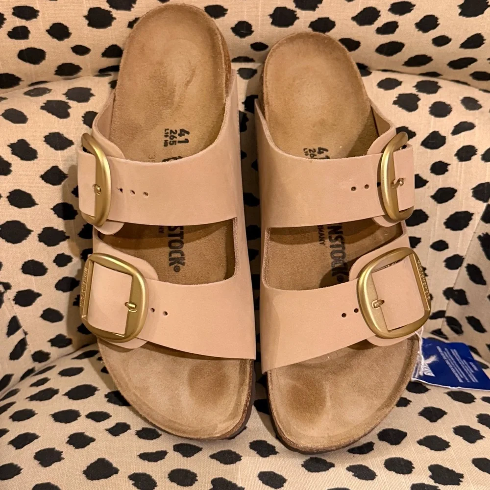 Birkenstock Arizona Blush Pink Leather Two-Buckle Sandal with Gold Buckles